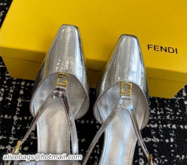 Buy Luxury Fendi FFold Slingback Pumps 4cm in Embossed Calfskin Silver 1112099