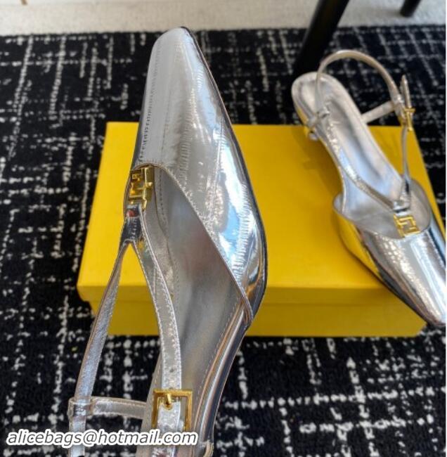 Buy Luxury Fendi FFold Slingback Pumps 4cm in Embossed Calfskin Silver 1112099