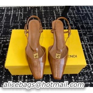 Best Price Fendi FFold Slingback Pumps 4cm in Embossed Calfskin Brown 1112102