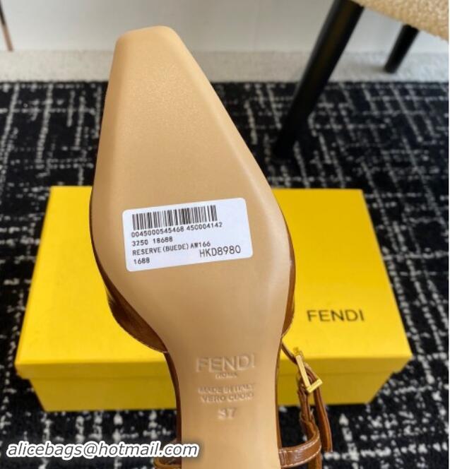 Best Price Fendi FFold Slingback Pumps 4cm in Embossed Calfskin Brown 1112102