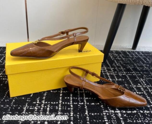 Best Price Fendi FFold Slingback Pumps 4cm in Embossed Calfskin Brown 1112102