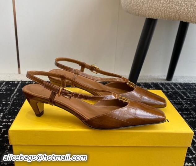 Best Price Fendi FFold Slingback Pumps 4cm in Embossed Calfskin Brown 1112102