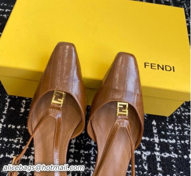 Best Price Fendi FFold Slingback Pumps 4cm in Embossed Calfskin Brown 1112102