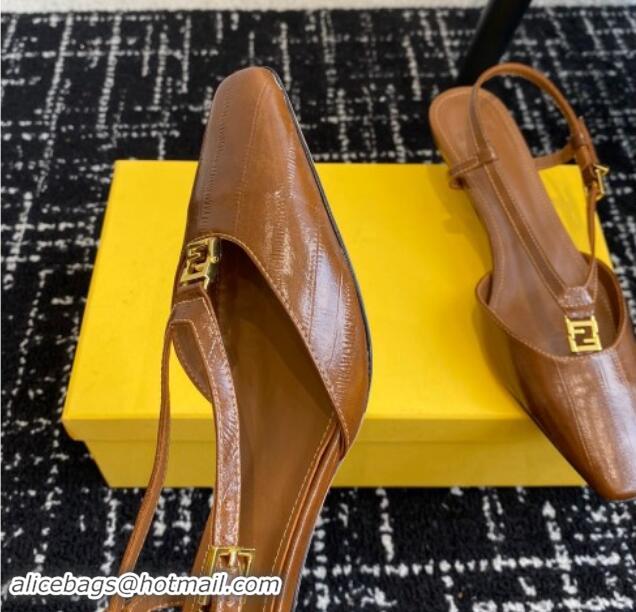 Best Price Fendi FFold Slingback Pumps 4cm in Embossed Calfskin Brown 1112102