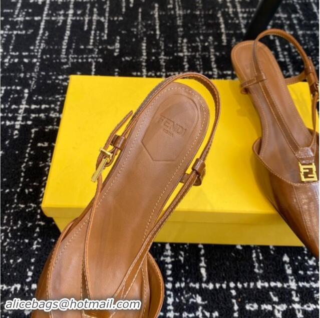 Best Price Fendi FFold Slingback Pumps 4cm in Embossed Calfskin Brown 1112102