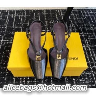 Good Quality Fendi FFold Slingback Pumps 4cm in Embossed Calfskin Black 112103