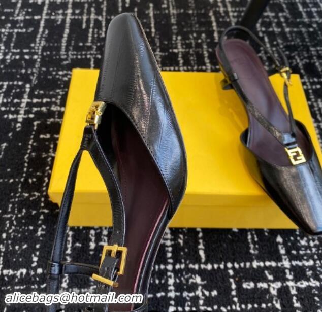 Good Quality Fendi FFold Slingback Pumps 4cm in Embossed Calfskin Black 112103