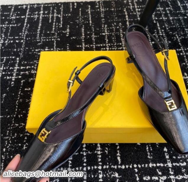 Good Quality Fendi FFold Slingback Pumps 4cm in Embossed Calfskin Black 112103