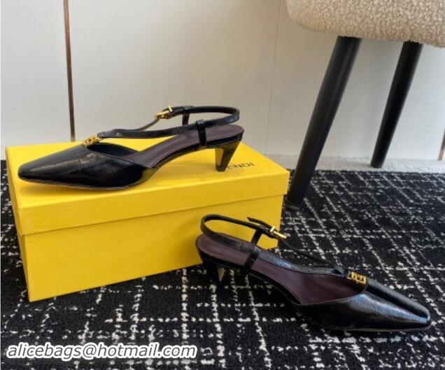 Good Quality Fendi FFold Slingback Pumps 4cm in Embossed Calfskin Black 112103