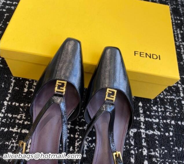 Good Quality Fendi FFold Slingback Pumps 4cm in Embossed Calfskin Black 112103