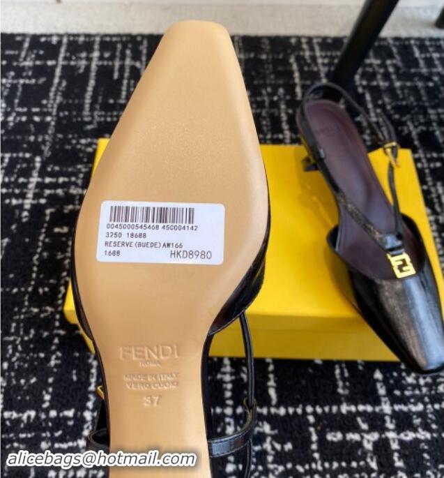 Good Quality Fendi FFold Slingback Pumps 4cm in Embossed Calfskin Black 112103