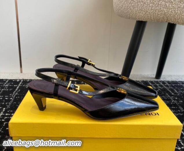 Good Quality Fendi FFold Slingback Pumps 4cm in Embossed Calfskin Black 112103