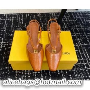 Top Grade Fendi FFold Slingback Pumps 4cm in Embossed Calfskin Tan Brown 1112104