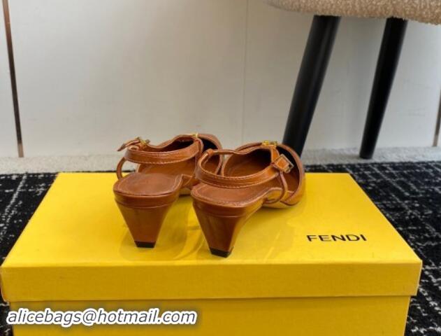 Top Grade Fendi FFold Slingback Pumps 4cm in Embossed Calfskin Tan Brown 1112104