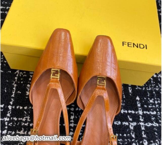 Top Grade Fendi FFold Slingback Pumps 4cm in Embossed Calfskin Tan Brown 1112104