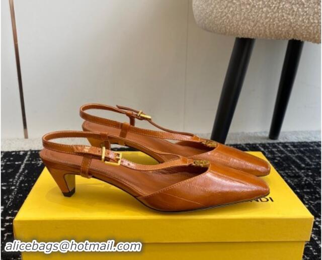 Top Grade Fendi FFold Slingback Pumps 4cm in Embossed Calfskin Tan Brown 1112104