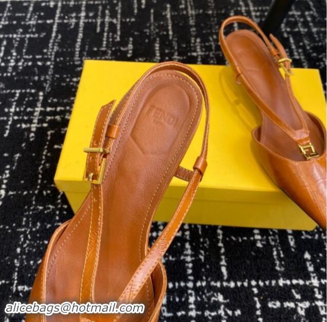 Top Grade Fendi FFold Slingback Pumps 4cm in Embossed Calfskin Tan Brown 1112104