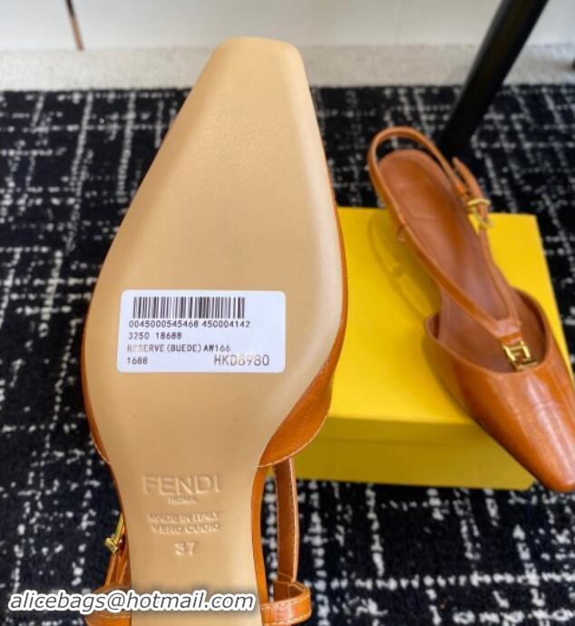 Top Grade Fendi FFold Slingback Pumps 4cm in Embossed Calfskin Tan Brown 1112104