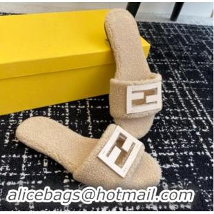 Best Grade Fendi Baguette Flat Slides Sandal in Wool Shearling Beige 112105