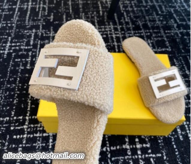 Best Grade Fendi Baguette Flat Slides Sandal in Wool Shearling Beige 112105