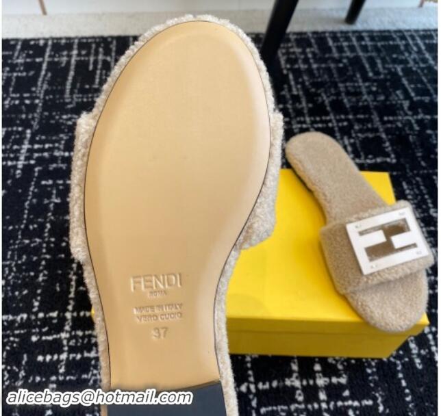 Best Grade Fendi Baguette Flat Slides Sandal in Wool Shearling Beige 112105