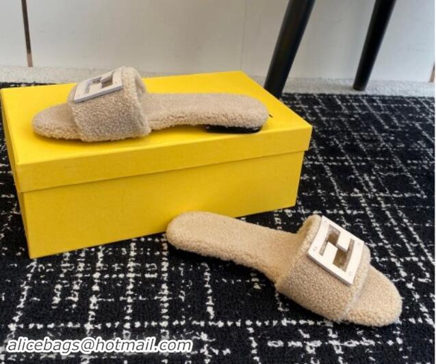 Best Grade Fendi Baguette Flat Slides Sandal in Wool Shearling Beige 112105