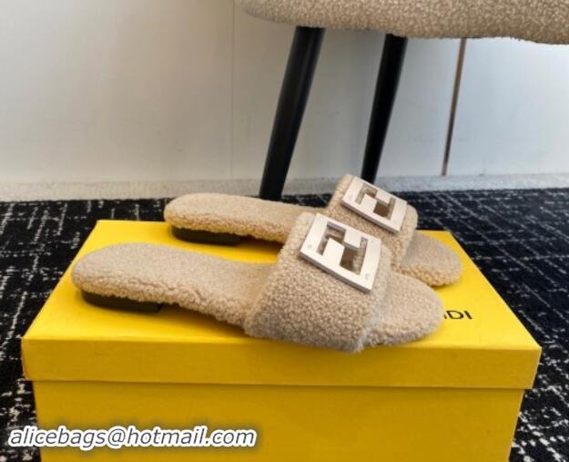 Best Grade Fendi Baguette Flat Slides Sandal in Wool Shearling Beige 112105