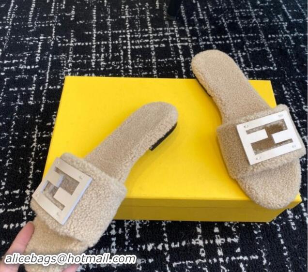 Best Grade Fendi Baguette Flat Slides Sandal in Wool Shearling Beige 112105