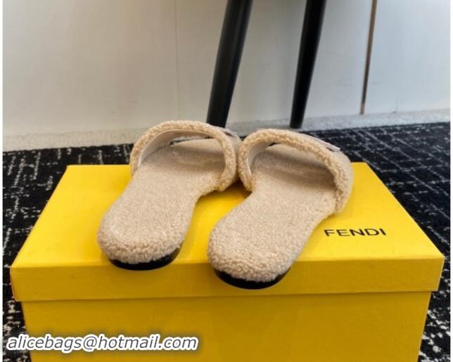 Best Grade Fendi Baguette Flat Slides Sandal in Wool Shearling Beige 112105