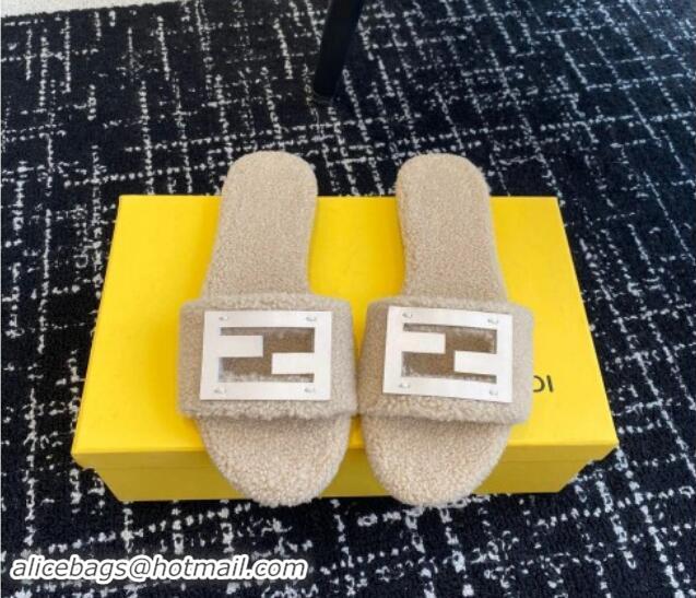 Best Grade Fendi Baguette Flat Slides Sandal in Wool Shearling Beige 112105