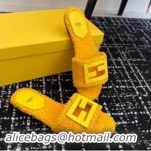 Durable Fendi Baguette Flat Slides Sandal in Wool Shearling Yellow 112106