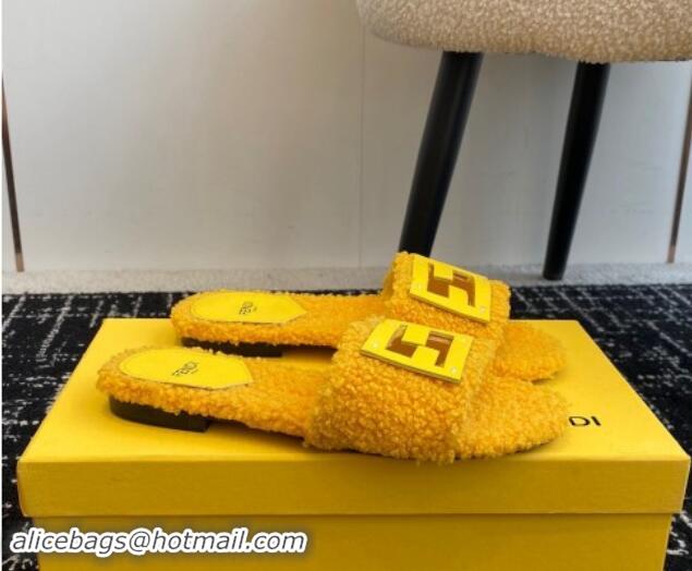 Durable Fendi Baguette Flat Slides Sandal in Wool Shearling Yellow 112106