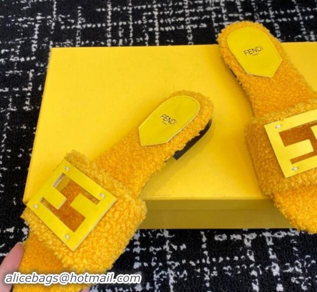 Durable Fendi Baguette Flat Slides Sandal in Wool Shearling Yellow 112106