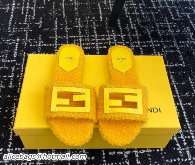 Durable Fendi Baguette Flat Slides Sandal in Wool Shearling Yellow 112106