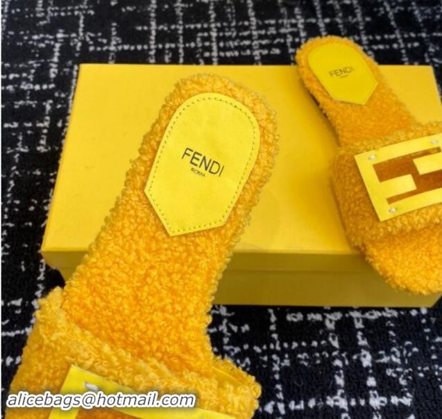 Durable Fendi Baguette Flat Slides Sandal in Wool Shearling Yellow 112106