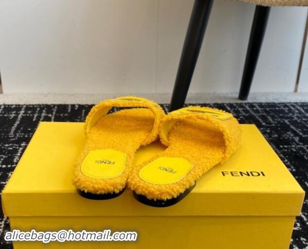 Durable Fendi Baguette Flat Slides Sandal in Wool Shearling Yellow 112106