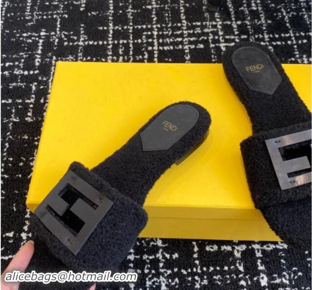 Low Price Fendi Baguette Flat Slides Sandal in Wool Shearling Black 112107