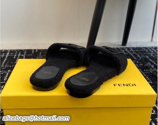 Low Price Fendi Baguette Flat Slides Sandal in Wool Shearling Black 112107