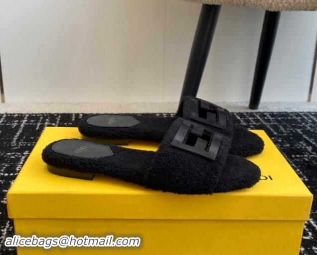 Low Price Fendi Baguette Flat Slides Sandal in Wool Shearling Black 112107