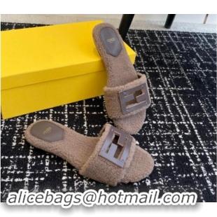 Popular Style Fendi Baguette Flat Slides Sandal in Wool Shearling Grey 1112108