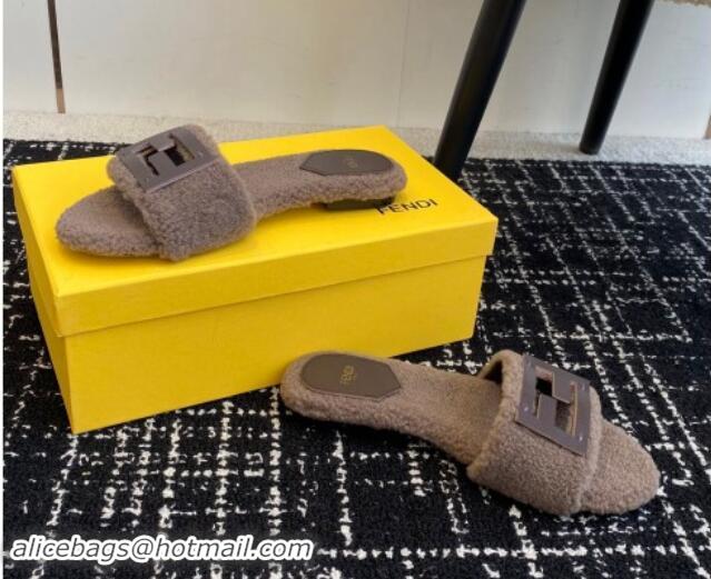 Popular Style Fendi Baguette Flat Slides Sandal in Wool Shearling Grey 1112108