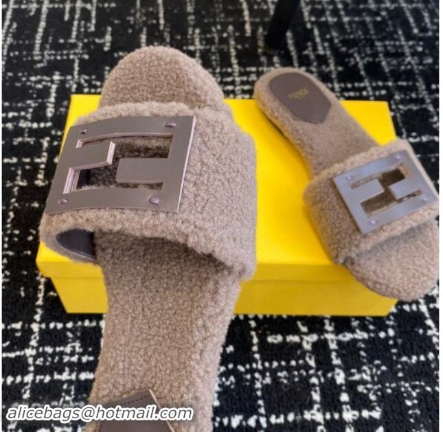 Popular Style Fendi Baguette Flat Slides Sandal in Wool Shearling Grey 1112108