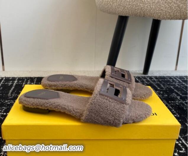 Popular Style Fendi Baguette Flat Slides Sandal in Wool Shearling Grey 1112108