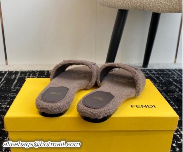 Popular Style Fendi Baguette Flat Slides Sandal in Wool Shearling Grey 1112108