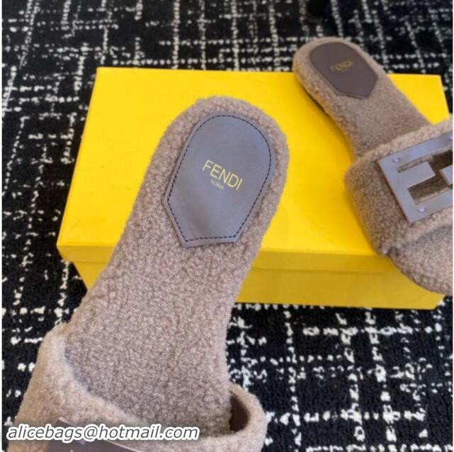 Popular Style Fendi Baguette Flat Slides Sandal in Wool Shearling Grey 1112108