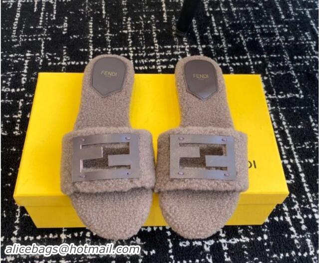 Popular Style Fendi Baguette Flat Slides Sandal in Wool Shearling Grey 1112108