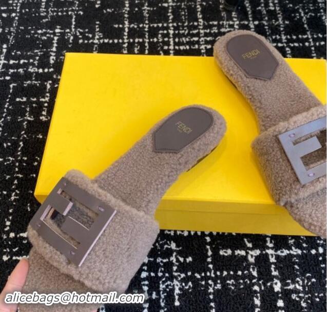 Popular Style Fendi Baguette Flat Slides Sandal in Wool Shearling Grey 1112108