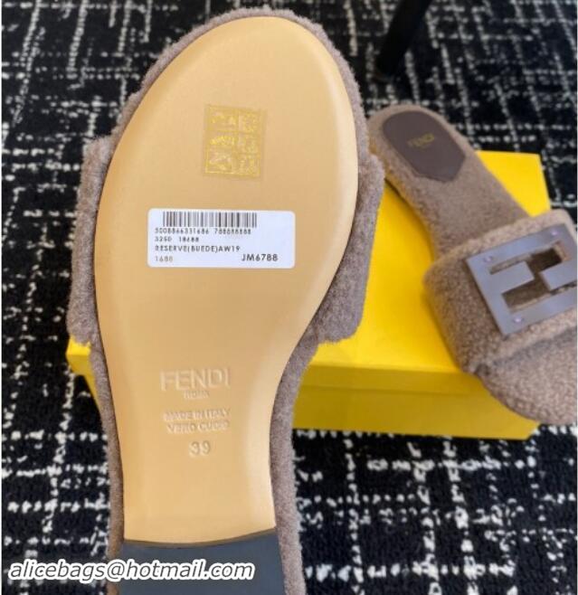 Popular Style Fendi Baguette Flat Slides Sandal in Wool Shearling Grey 1112108