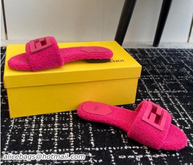 Luxurious Fendi Baguette Flat Slides Sandal in Wool Shearling Dark Pink 1112109