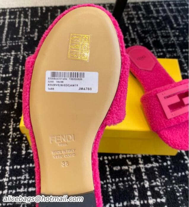 Luxurious Fendi Baguette Flat Slides Sandal in Wool Shearling Dark Pink 1112109